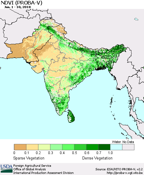 Southern Asia NDVI (PROBA-V) Thematic Map For 6/1/2018 - 6/10/2018