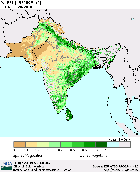 Southern Asia NDVI (PROBA-V) Thematic Map For 6/11/2018 - 6/20/2018