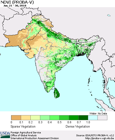Southern Asia NDVI (PROBA-V) Thematic Map For 6/21/2018 - 6/30/2018