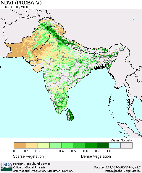 Southern Asia NDVI (PROBA-V) Thematic Map For 7/1/2018 - 7/10/2018