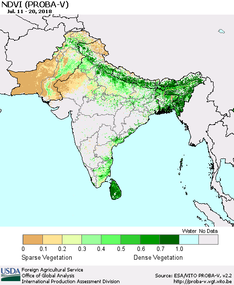 Southern Asia NDVI (PROBA-V) Thematic Map For 7/11/2018 - 7/20/2018