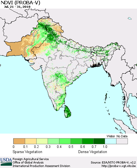 Southern Asia NDVI (PROBA-V) Thematic Map For 7/21/2018 - 7/31/2018