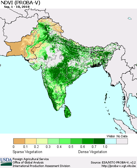 Southern Asia NDVI (PROBA-V) Thematic Map For 9/1/2018 - 9/10/2018