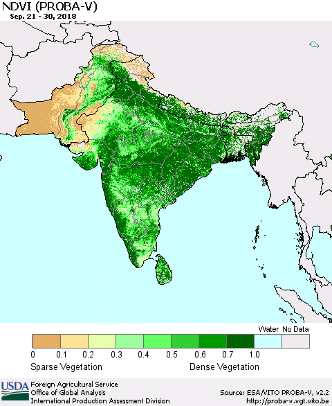 Southern Asia NDVI (PROBA-V) Thematic Map For 9/21/2018 - 9/30/2018