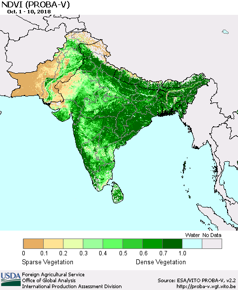 Southern Asia NDVI (PROBA-V) Thematic Map For 10/1/2018 - 10/10/2018