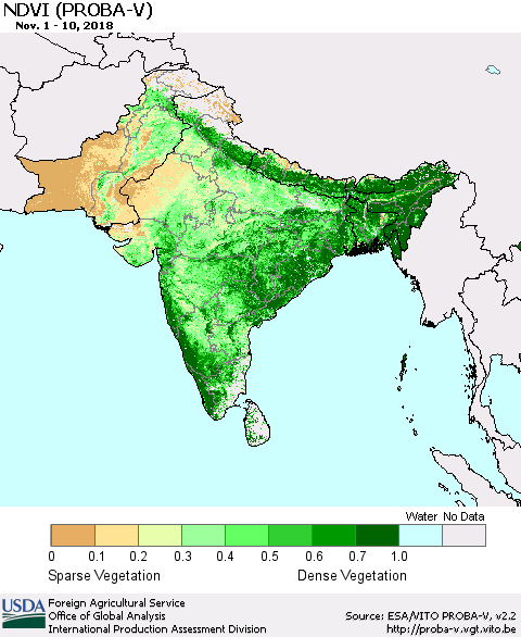 Southern Asia NDVI (PROBA-V) Thematic Map For 11/1/2018 - 11/10/2018