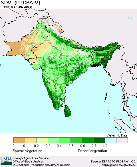 Southern Asia NDVI (PROBA-V) Thematic Map For 11/21/2018 - 11/30/2018