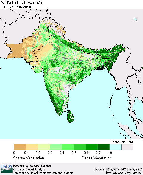 Southern Asia NDVI (PROBA-V) Thematic Map For 12/1/2018 - 12/10/2018