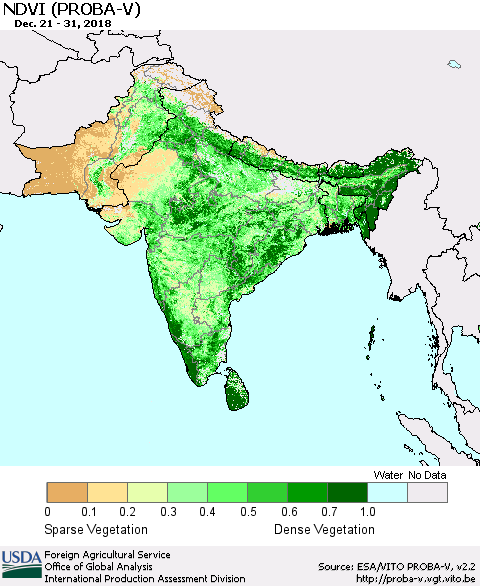 Southern Asia NDVI (PROBA-V) Thematic Map For 12/21/2018 - 12/31/2018