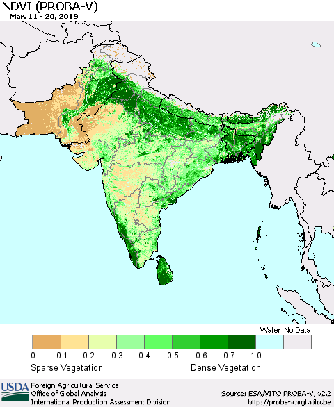 Southern Asia NDVI (PROBA-V) Thematic Map For 3/11/2019 - 3/20/2019
