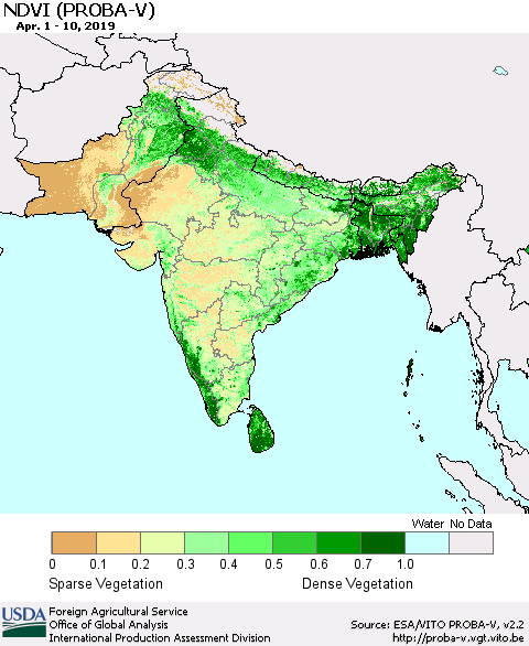 Southern Asia NDVI (PROBA-V) Thematic Map For 4/1/2019 - 4/10/2019