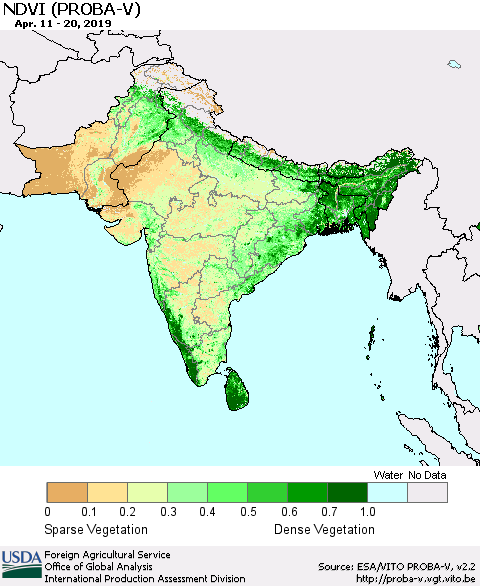 Southern Asia NDVI (PROBA-V) Thematic Map For 4/11/2019 - 4/20/2019