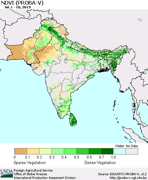 Southern Asia NDVI (PROBA-V) Thematic Map For 7/1/2019 - 7/10/2019