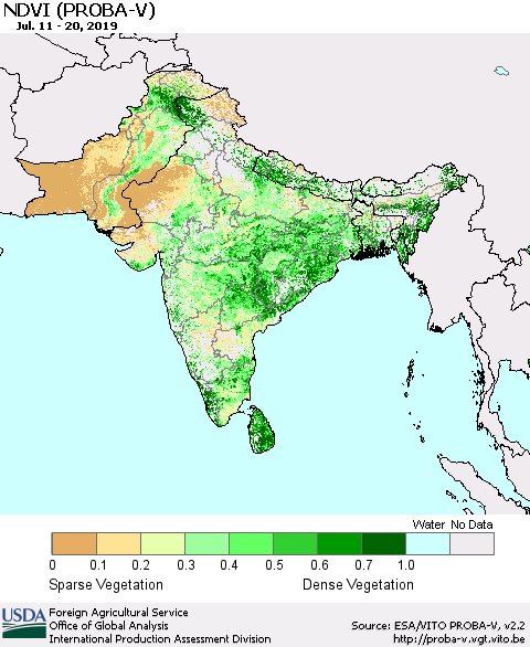 Southern Asia NDVI (PROBA-V) Thematic Map For 7/11/2019 - 7/20/2019