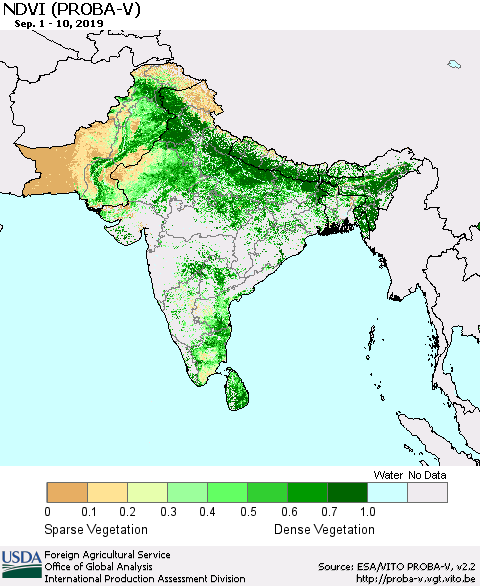 Southern Asia NDVI (PROBA-V) Thematic Map For 9/1/2019 - 9/10/2019