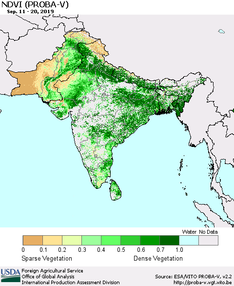Southern Asia NDVI (PROBA-V) Thematic Map For 9/11/2019 - 9/20/2019