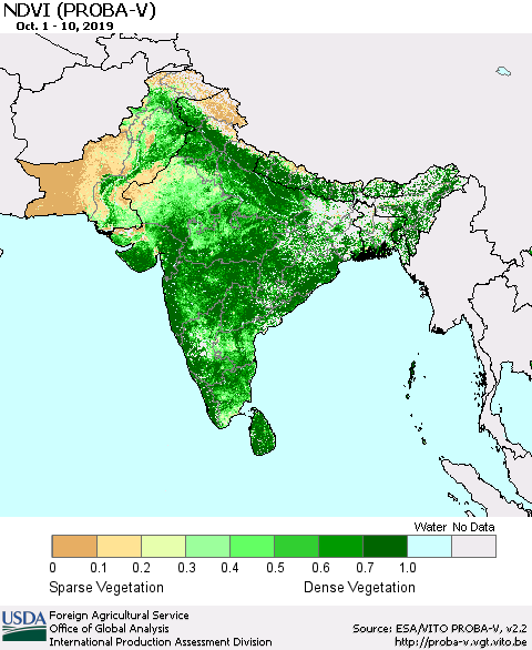 Southern Asia NDVI (PROBA-V) Thematic Map For 10/1/2019 - 10/10/2019
