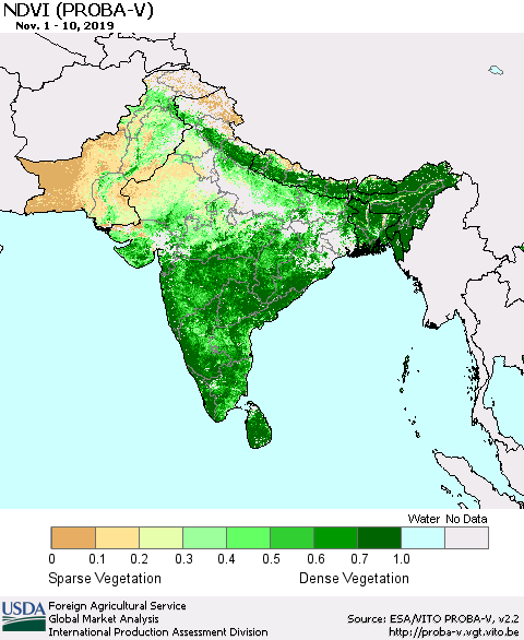 Southern Asia NDVI (PROBA-V) Thematic Map For 11/1/2019 - 11/10/2019
