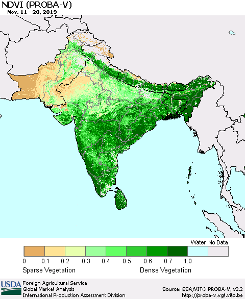 Southern Asia NDVI (PROBA-V) Thematic Map For 11/11/2019 - 11/20/2019