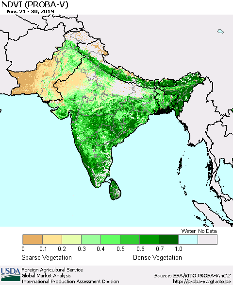 Southern Asia NDVI (PROBA-V) Thematic Map For 11/21/2019 - 11/30/2019