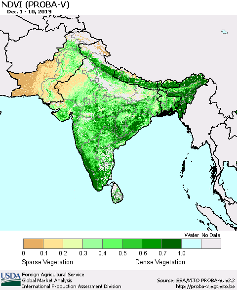 Southern Asia NDVI (PROBA-V) Thematic Map For 12/1/2019 - 12/10/2019