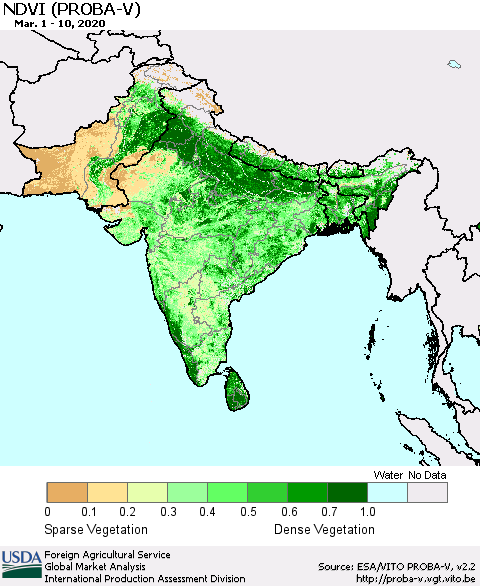 Southern Asia NDVI (PROBA-V) Thematic Map For 3/1/2020 - 3/10/2020