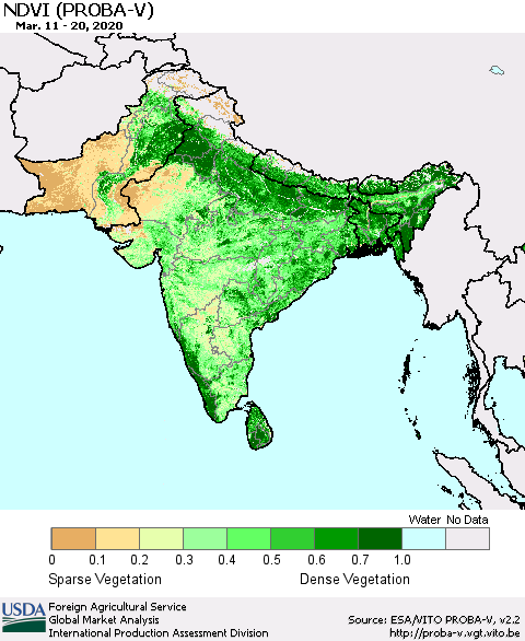 Southern Asia NDVI (PROBA-V) Thematic Map For 3/11/2020 - 3/20/2020