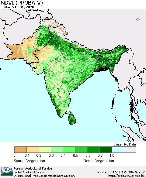 Southern Asia NDVI (PROBA-V) Thematic Map For 3/21/2020 - 3/31/2020