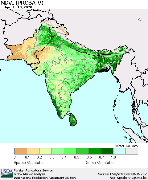 Southern Asia NDVI (PROBA-V) Thematic Map For 4/1/2020 - 4/10/2020