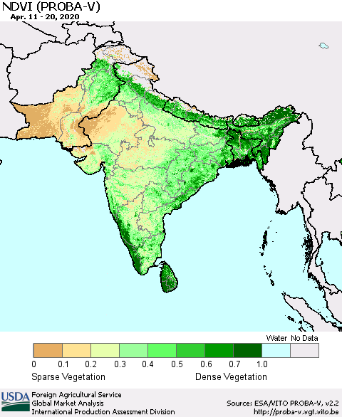 Southern Asia NDVI (PROBA-V) Thematic Map For 4/11/2020 - 4/20/2020