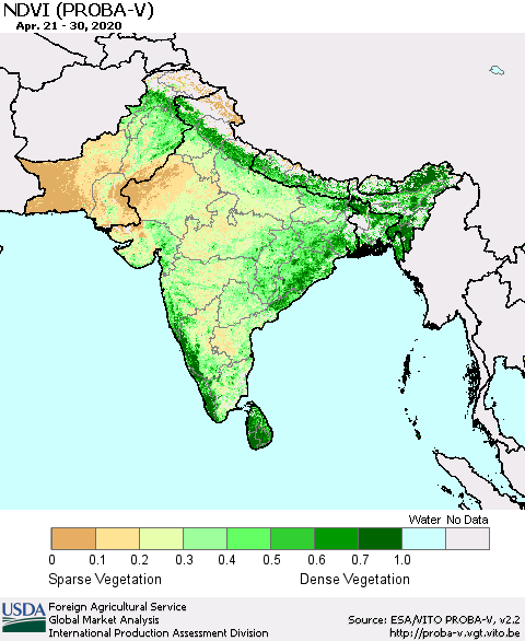 Southern Asia NDVI (PROBA-V) Thematic Map For 4/21/2020 - 4/30/2020