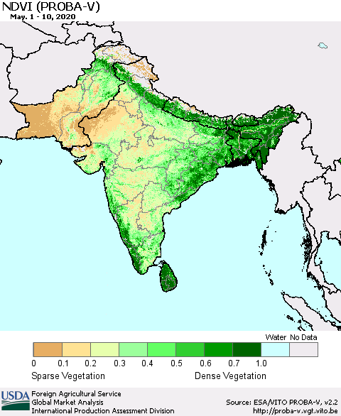 Southern Asia NDVI (PROBA-V) Thematic Map For 5/1/2020 - 5/10/2020