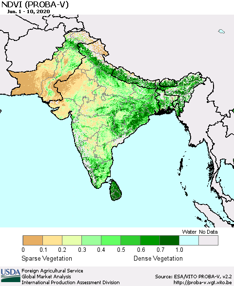 Southern Asia NDVI (PROBA-V) Thematic Map For 6/1/2020 - 6/10/2020