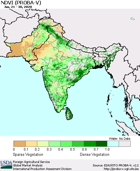 Southern Asia NDVI (PROBA-V) Thematic Map For 6/21/2020 - 6/30/2020