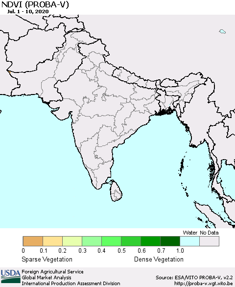 Southern Asia NDVI (PROBA-V) Thematic Map For 7/1/2020 - 7/10/2020