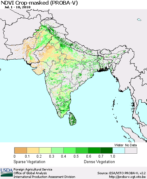 Southern Asia NDVI Crop-masked (PROBA-V) Thematic Map For 7/1/2018 - 7/10/2018