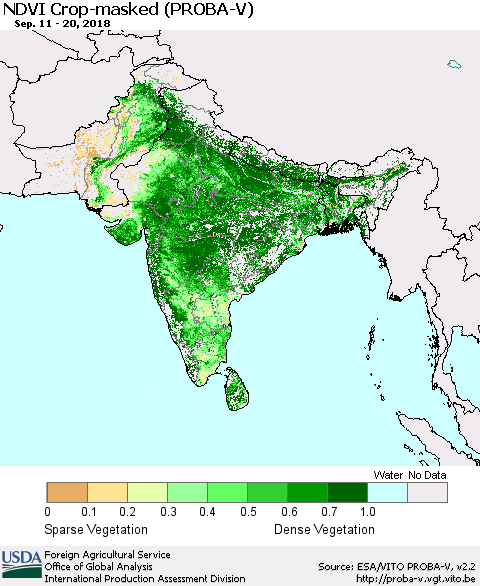 Southern Asia NDVI Crop-masked (PROBA-V) Thematic Map For 9/11/2018 - 9/20/2018