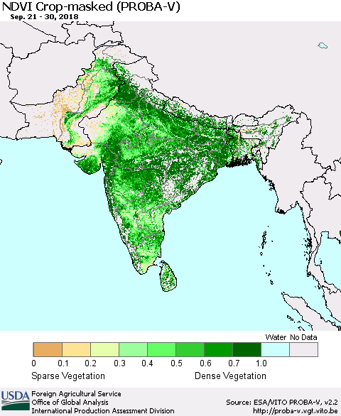 Southern Asia NDVI Crop-masked (PROBA-V) Thematic Map For 9/21/2018 - 9/30/2018
