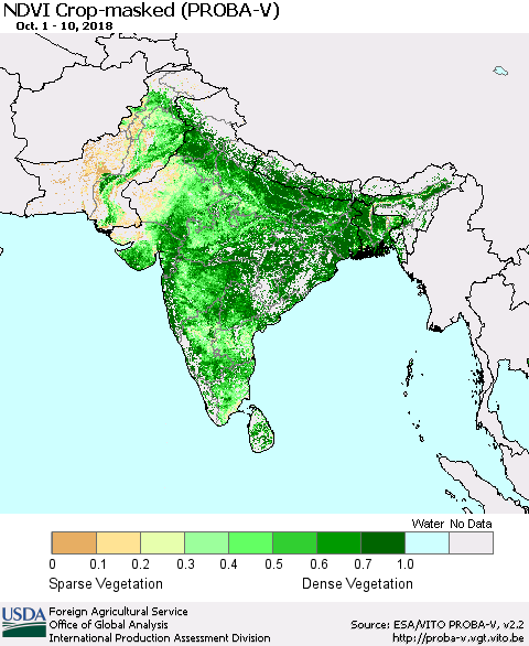 Southern Asia NDVI Crop-masked (PROBA-V) Thematic Map For 10/1/2018 - 10/10/2018
