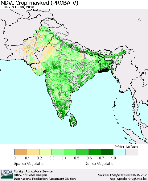 Southern Asia NDVI Crop-masked (PROBA-V) Thematic Map For 11/21/2018 - 11/30/2018