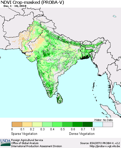 Southern Asia NDVI Crop-masked (PROBA-V) Thematic Map For 12/1/2018 - 12/10/2018