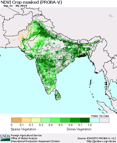 Southern Asia NDVI Crop-masked (PROBA-V) Thematic Map For 9/21/2019 - 9/30/2019