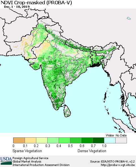 Southern Asia NDVI Crop-masked (PROBA-V) Thematic Map For 12/1/2019 - 12/10/2019
