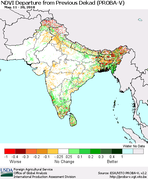 Southern Asia NDVI Departure from Previous Dekad (PROBA-V) Thematic Map For 5/11/2018 - 5/20/2018