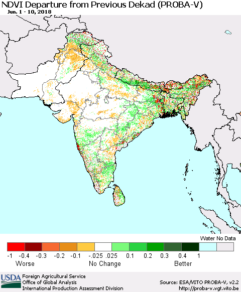 Southern Asia NDVI Departure from Previous Dekad (PROBA-V) Thematic Map For 6/1/2018 - 6/10/2018