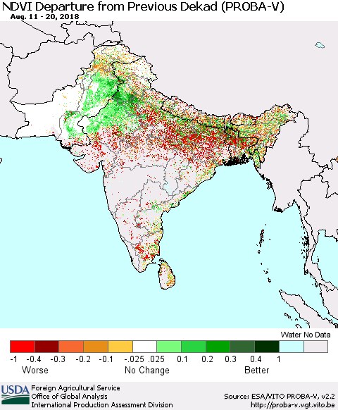Southern Asia NDVI Departure from Previous Dekad (PROBA-V) Thematic Map For 8/11/2018 - 8/20/2018