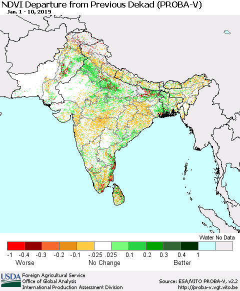 Southern Asia NDVI Departure from Previous Dekad (PROBA-V) Thematic Map For 1/1/2019 - 1/10/2019
