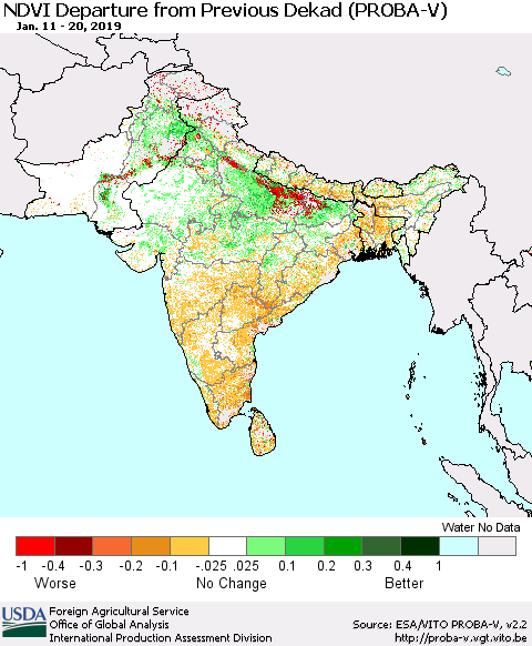 Southern Asia NDVI Departure from Previous Dekad (PROBA-V) Thematic Map For 1/11/2019 - 1/20/2019