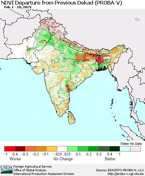 Southern Asia NDVI Departure from Previous Dekad (PROBA-V) Thematic Map For 2/1/2019 - 2/10/2019