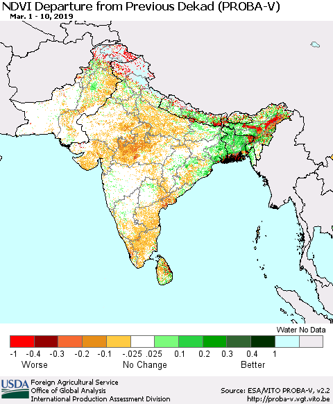 Southern Asia NDVI Departure from Previous Dekad (PROBA-V) Thematic Map For 3/1/2019 - 3/10/2019